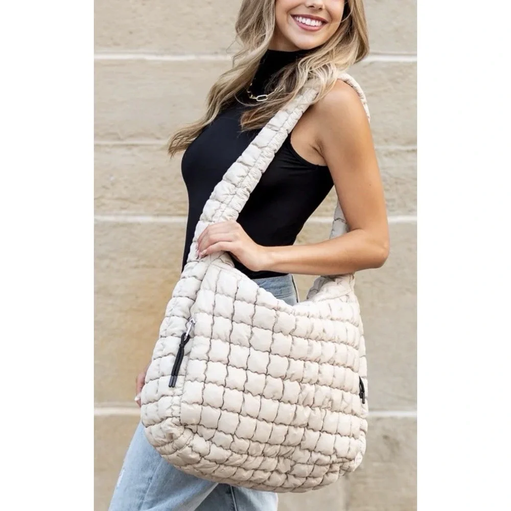 Urban Expressions Leda Quilted Square Nylon‎ Puffer Hobo Bag Purse Natural